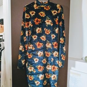 Blue Floral Velvet Dress